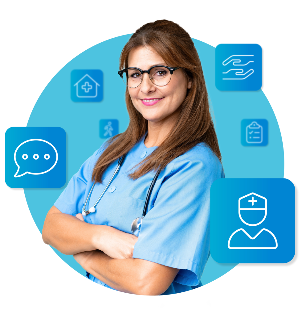 Smiling Female Nurse with Healthcare Icons in a Circular Design